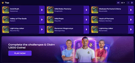 Top Slots und aktuelle Herausforderungen im Casino mit Coins-Belohnungen Top-Bereich mit beliebten Slotspielen wie Gold Rush, Wild Robo Factory, Valley of the Gods und Bonanza Megaways sowie Aktionsbanner mit Fußballspielern und Coin-Belohnung
