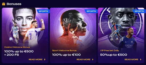 Übersicht der aktuellen Casino- und Sportboni mit Willkommensangeboten, Free Spins und VIP-Freebet-Aktionen Bonusbereich mit drei Sport- und Casino-Angeboten, Willkommensboni bis 500 €, Freispiele, VIP-Freebet-Aktion und Call-to-Action-Schaltflächen