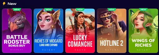 Neue Slotspiele im Casino mit aktuellen Releases und Bonus-Buy-Optionen Bereich „Neu“ mit neuen Slotspielen, darunter Battle Rooster Bonus Buy, Riches of Midgard Land and Expand, Lucky Comanche, Hotline 2 und Wings of Riches