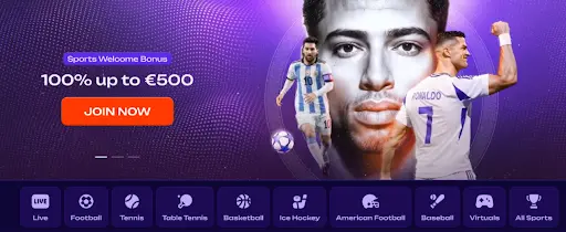 Sportwetten-Startbanner mit 100 % Willkommensbonus bis 500 € und direktem Zugang zu allen Sportarten Hauptbanner für Sportwetten mit Willkommensbonus bis zu 500 €, Registrierungsbutton, dynamische Fußball-Visuals und Navigationsmenü mit verschiedenen Sportarten