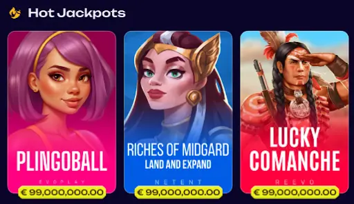 Hot Jackpots im Casino mit beliebten Slotspielen und hohen Gewinnsummen Bereich „Hot Jackpots“ mit Slotspielen Plingoball, Riches of Midgard Land and Expand und Lucky Comanche mit angezeigten Jackpotbeträgen